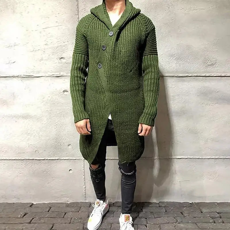 Long Knitted Hooded Sweater Coat Men Solid Color Button Casual Clothes