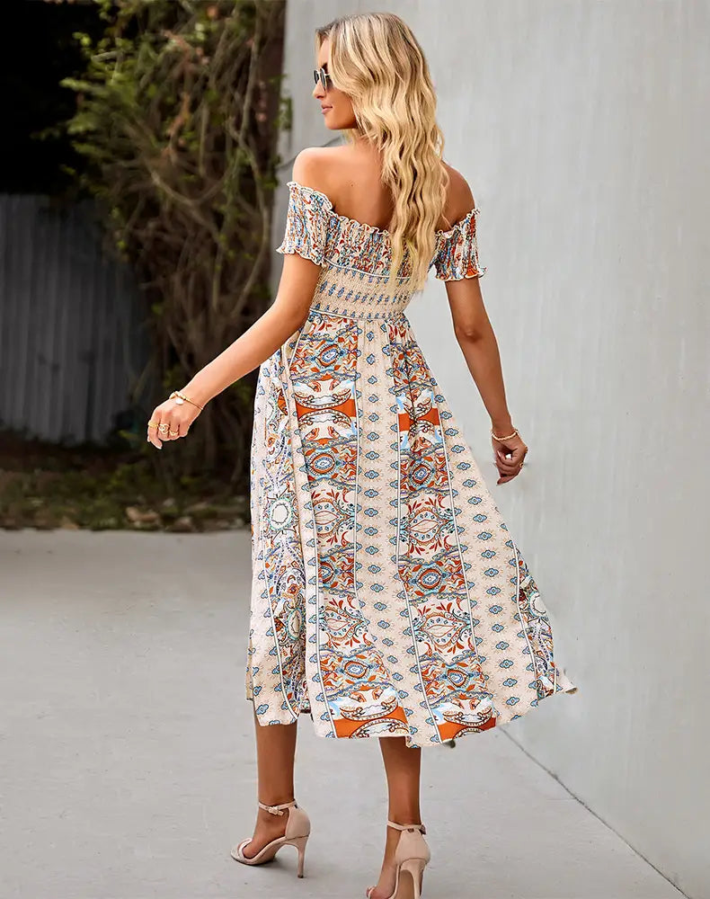 Women?€?s Dress Boho Floral Print Off Shoulder Split Long A Line