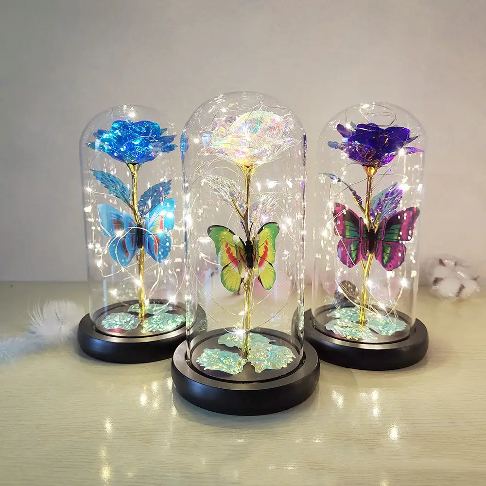 Mothers Day Gift Eternal Rose LED Light Foil Flower In Glass Cover Wedding