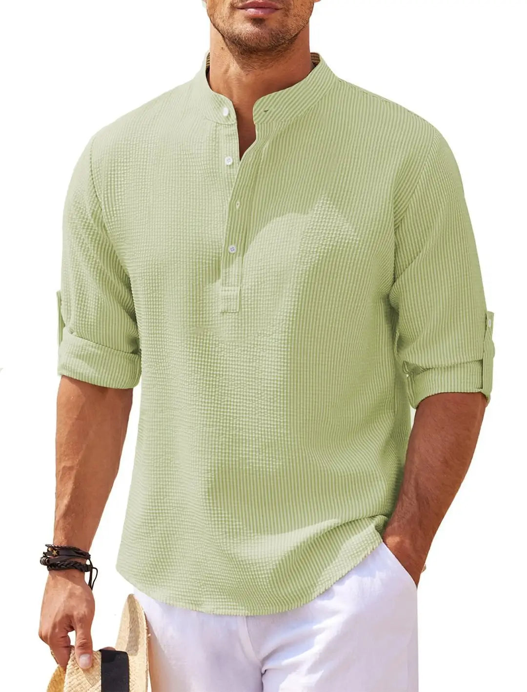 Men?€?s Casual Shirt Long Sleeve Stand Collar Solid Color Mens Clothing