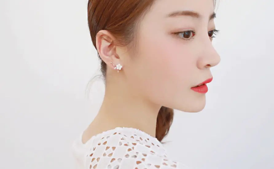 Sterling Silver Korean Shell Leaf Water Drop Earrings