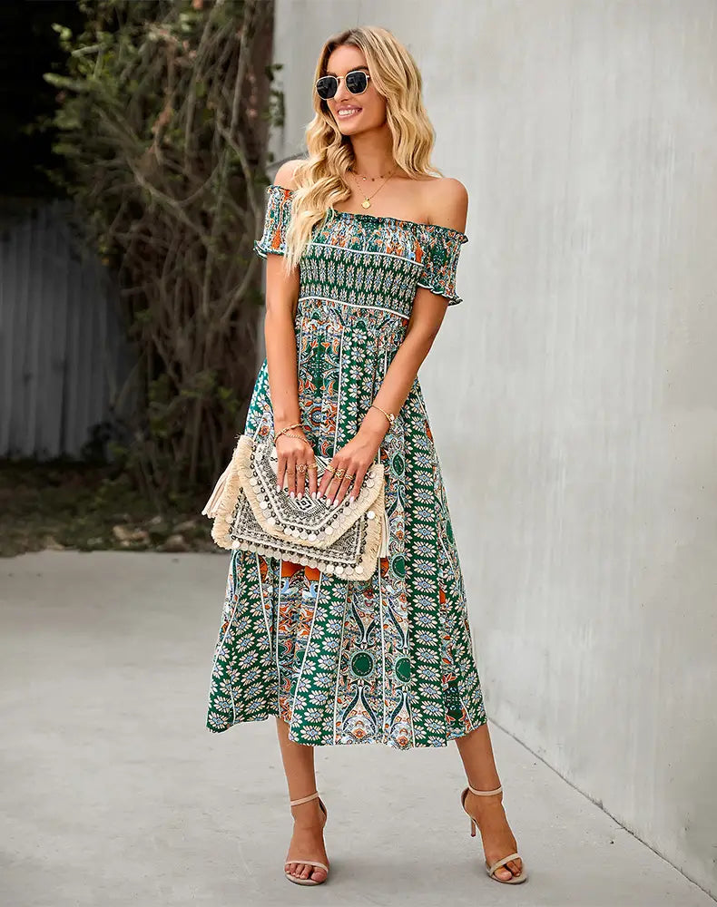 Women?€?s Dress Boho Floral Print Off Shoulder Split Long A Line