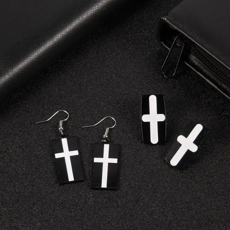 Rectangle Cross Drop Stud Earrings