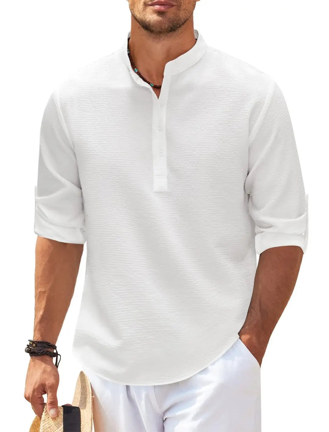 Men?€?s Casual Shirt Long Sleeve Stand Collar Solid Color Mens Clothing