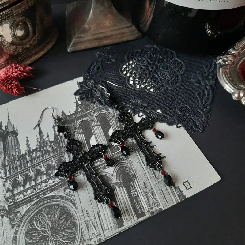 Gothic Dark Cross Ankh Earrings