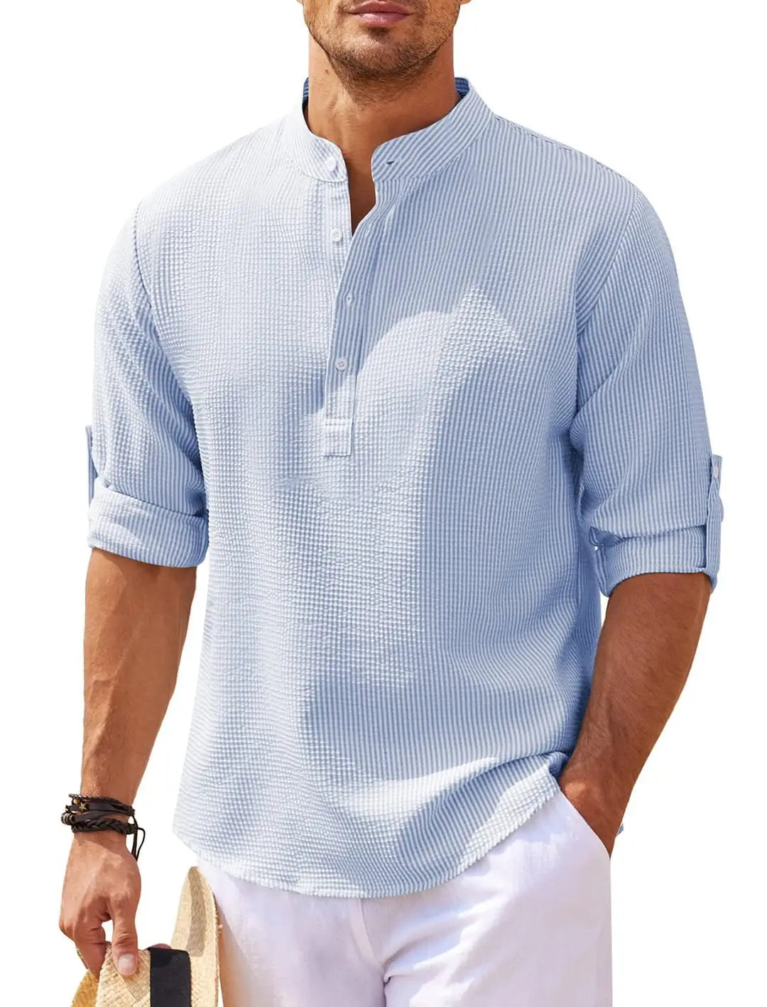 Men?€?s Casual Shirt Long Sleeve Stand Collar Solid Color Mens Clothing