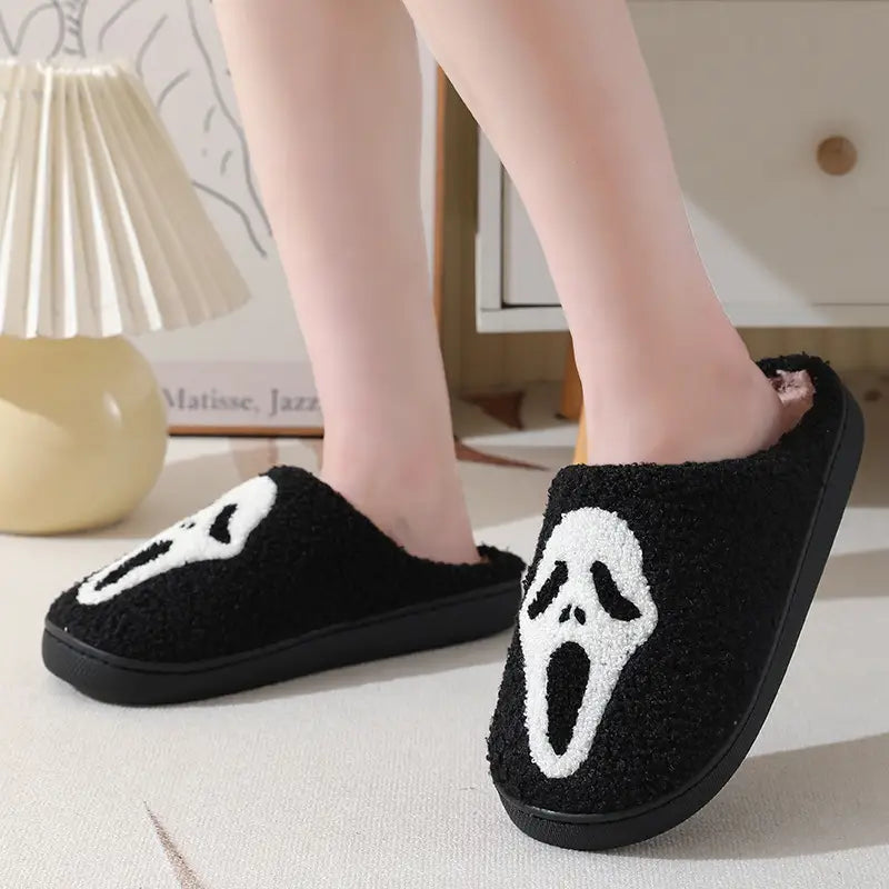 Halloween Skull Cartoon Print Slippers Warm Winter For Men Women Couple Home