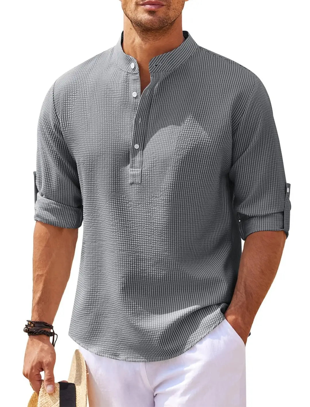 Men?€?s Casual Shirt Long Sleeve Stand Collar Solid Color Mens Clothing