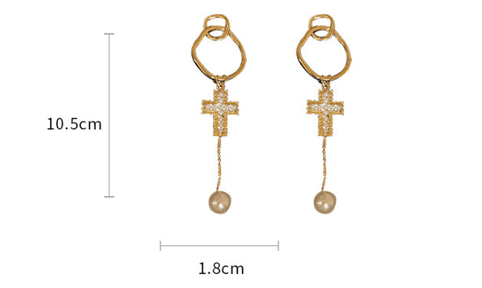 Silver Pearl Cross Tassel Geometric Earrings