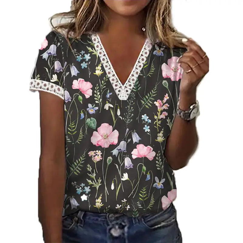 Printed V Neck Short Sleeved T Shirt