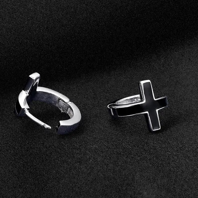 Men?€?s Silver Black Cross Earrings