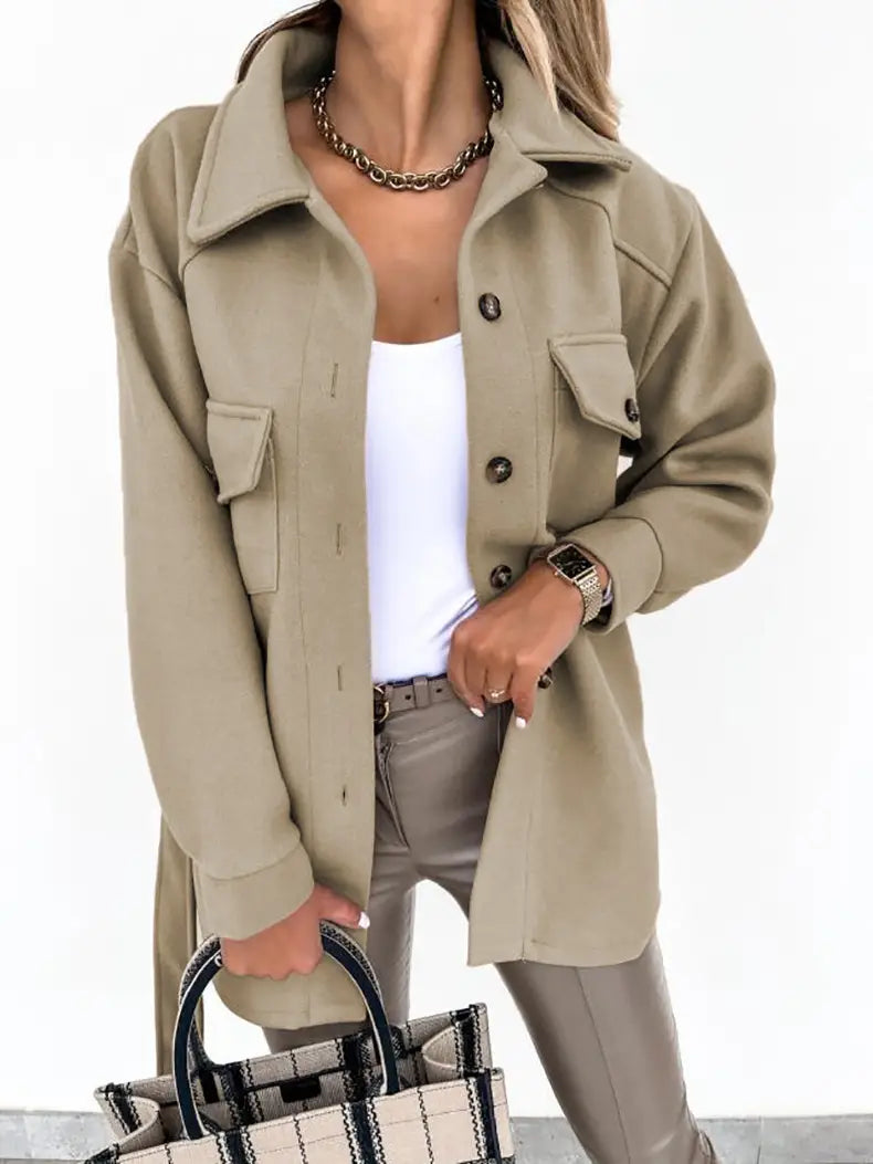 Solid Color Button Lapel Woolen Coat