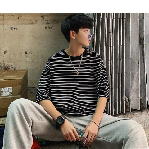 Korean T Shirt Striped Round Neck | Korean Style Shop