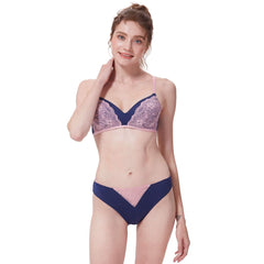 Women wearing blue and contrasting pink lace lingerie set