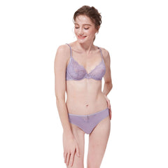 Woman wearing mauve lingerie set