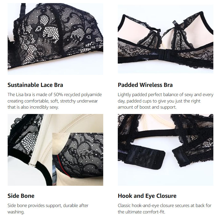 Lacy Black Recycled Lace Wireless Bra, Sexy Plunge Bra