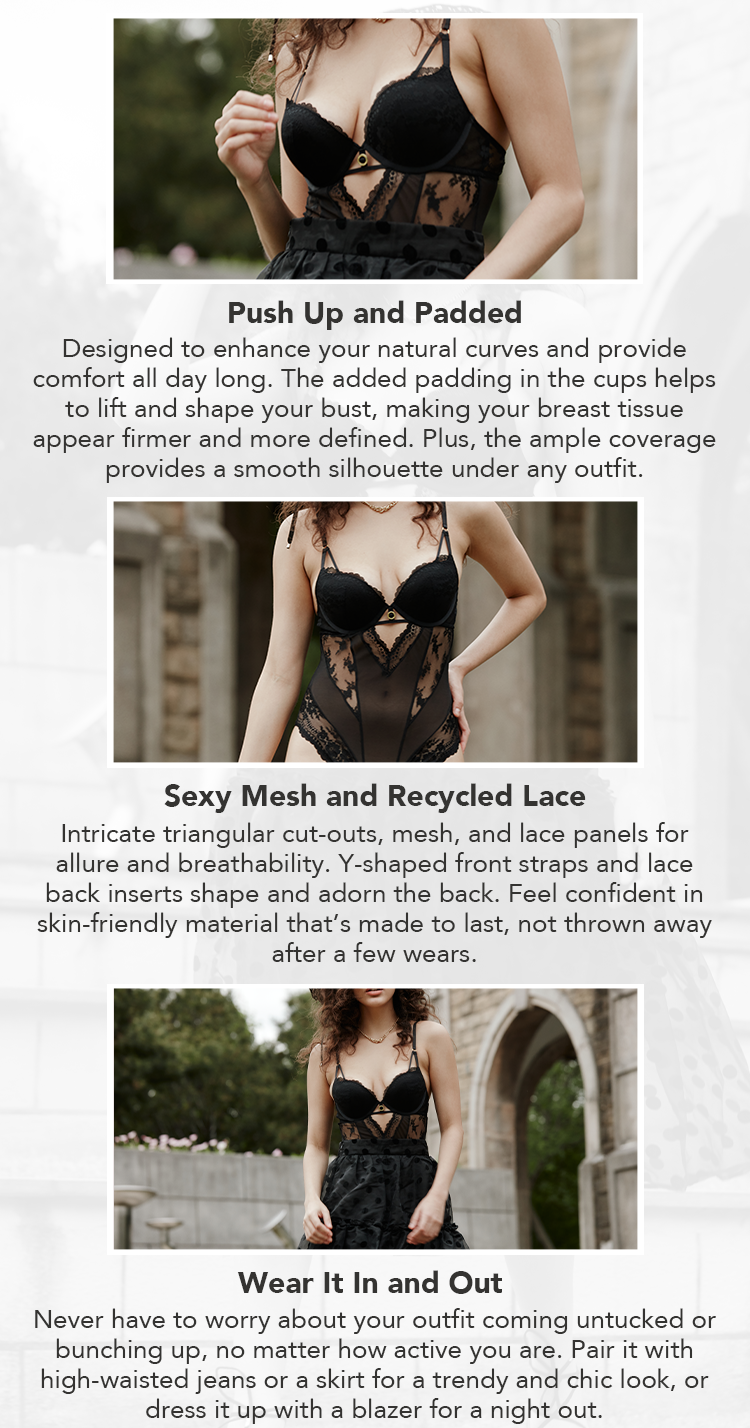 Sustainable Recycled Lace Bodysuit, Sexy Black Push-Up Teddy