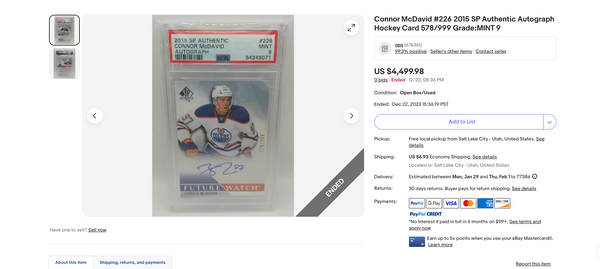 NPS Stolen Connor McDavid Rookie Card eBay Listing
