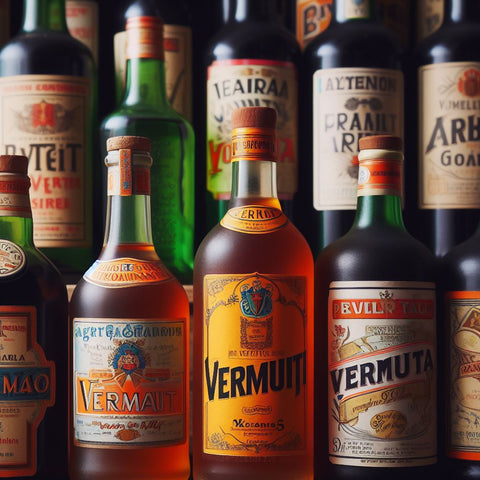 Close-up of a variety of vermouth bottles from different regions of Spain, showcasing labels and colors.