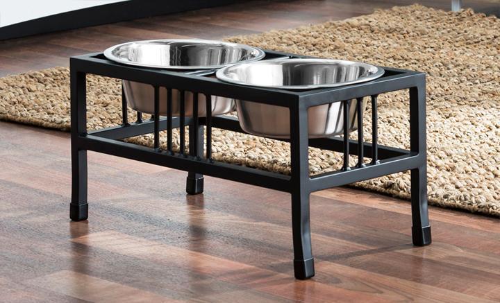 Slate. Modern Stainless Steel Elevated 2 Dog Bowl Stand. S - L Dog