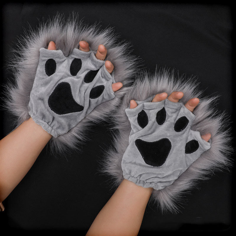 Yirico Gray Faux Fur Cat Paw Fingerless Gloves Costume Accessory Set ...