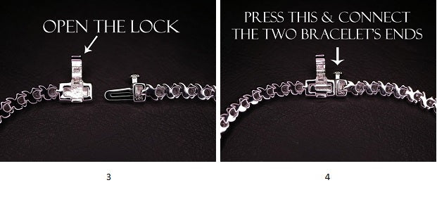 3. Open the lock 4. Press this & connect the two bracelets ends