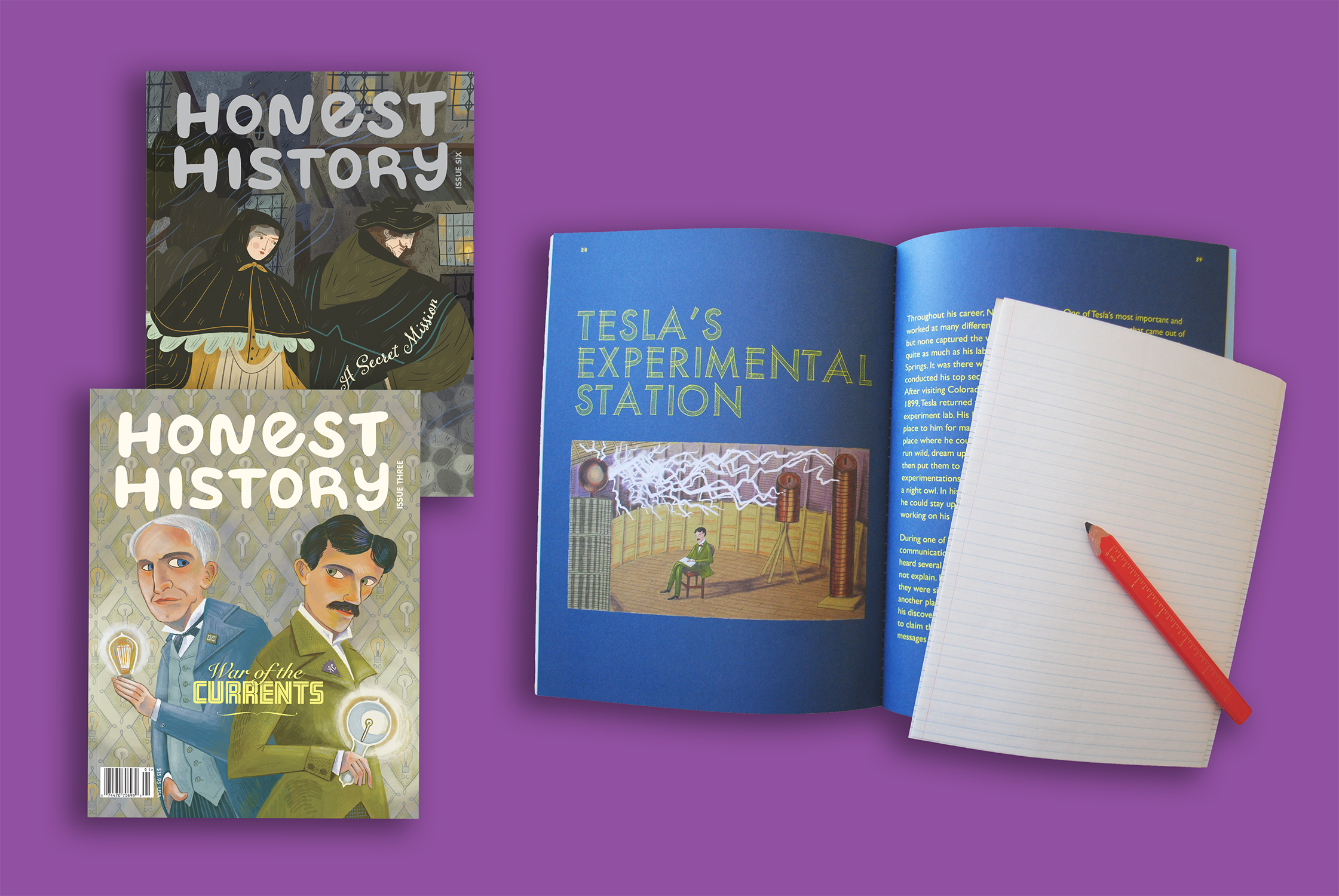 Honest History Magazines with lined paper and pencil