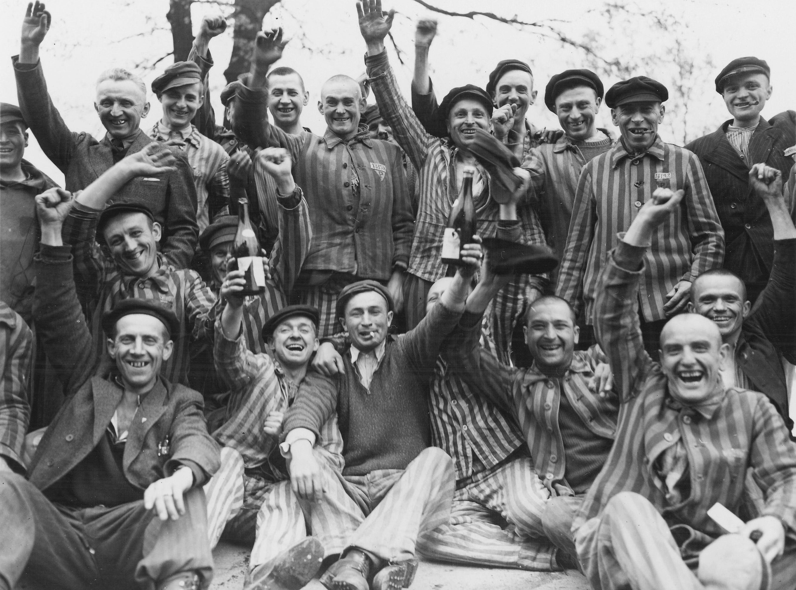 Polish prisoners celebrating liberation from Dachau in 1945