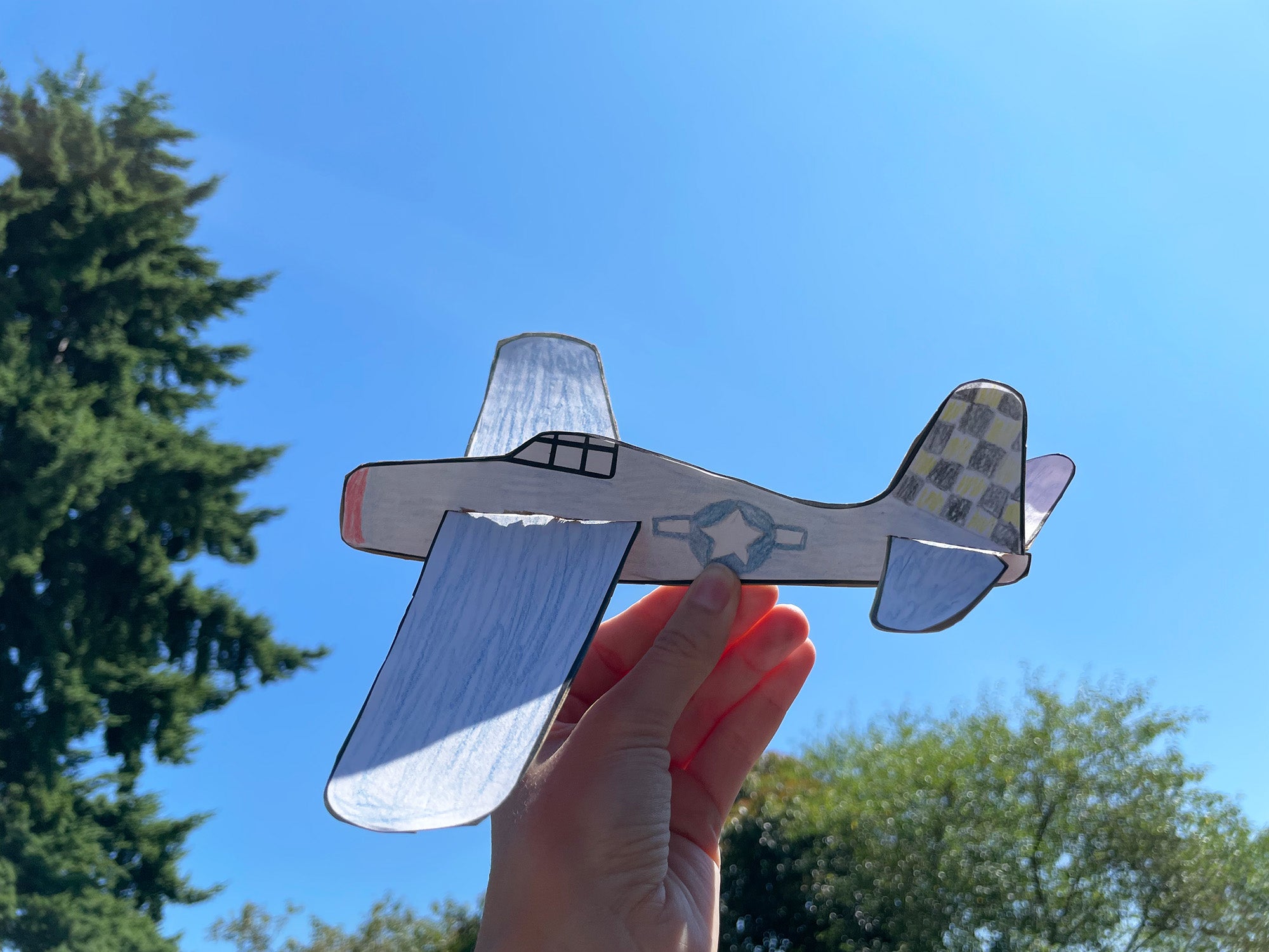 Hand holding cardboard airplane in the air