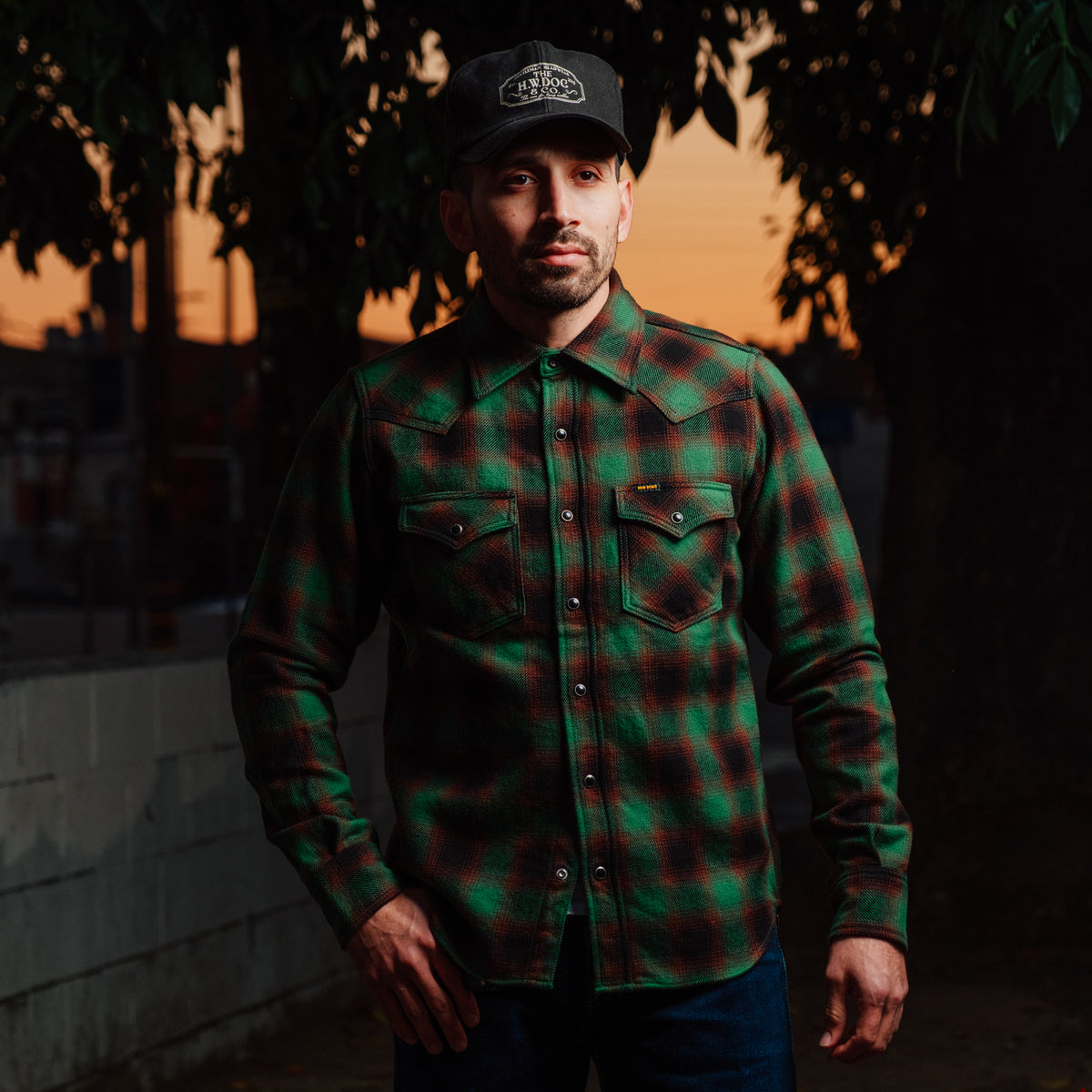 The Flat Head FN-SNR-101L Block Check Flannel Shirt Navy/Green