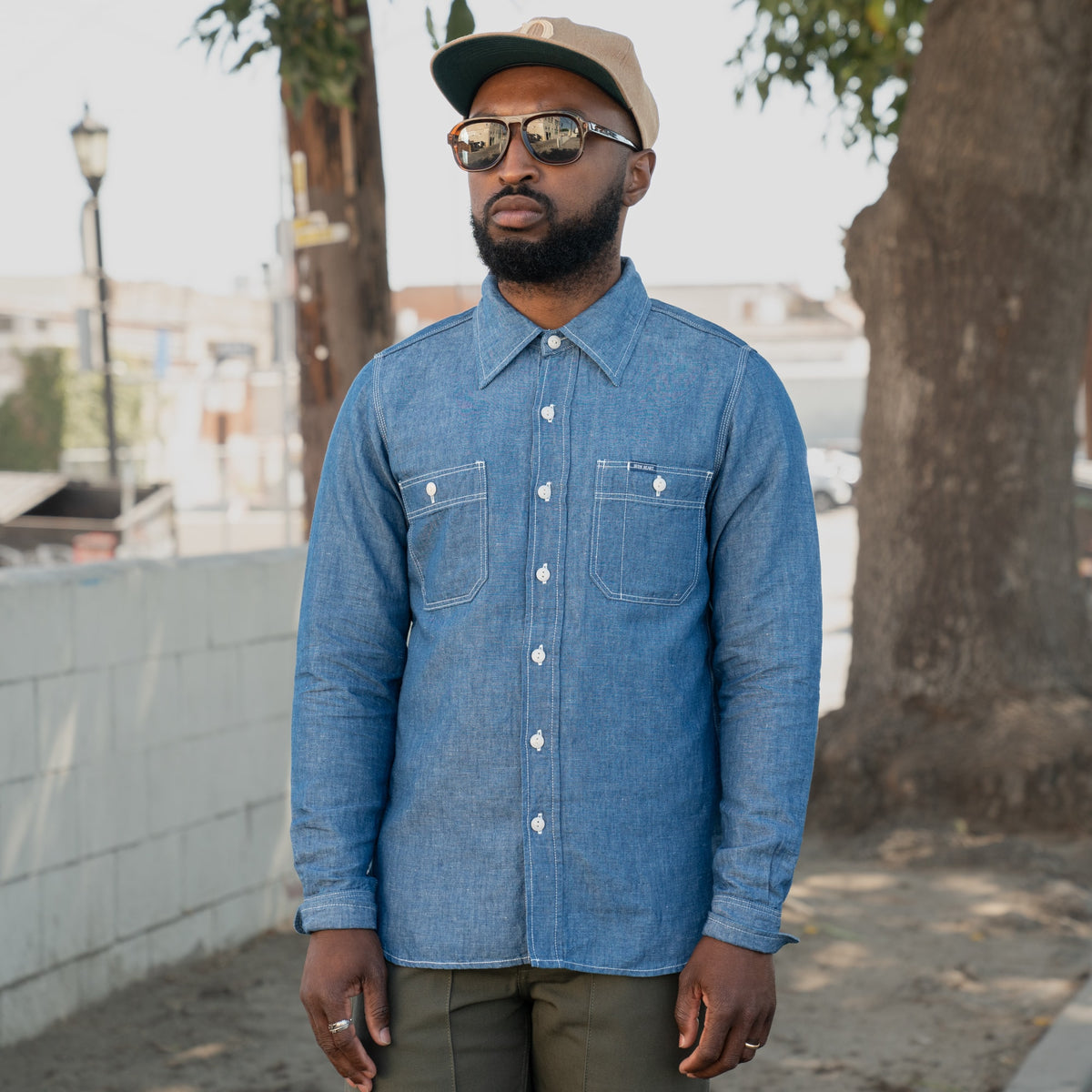 Iron Heart 285-PIN - Short Sleeved Work Shirt - 5.5oz Selvedge Pinstripe Chambray Indigo XXL