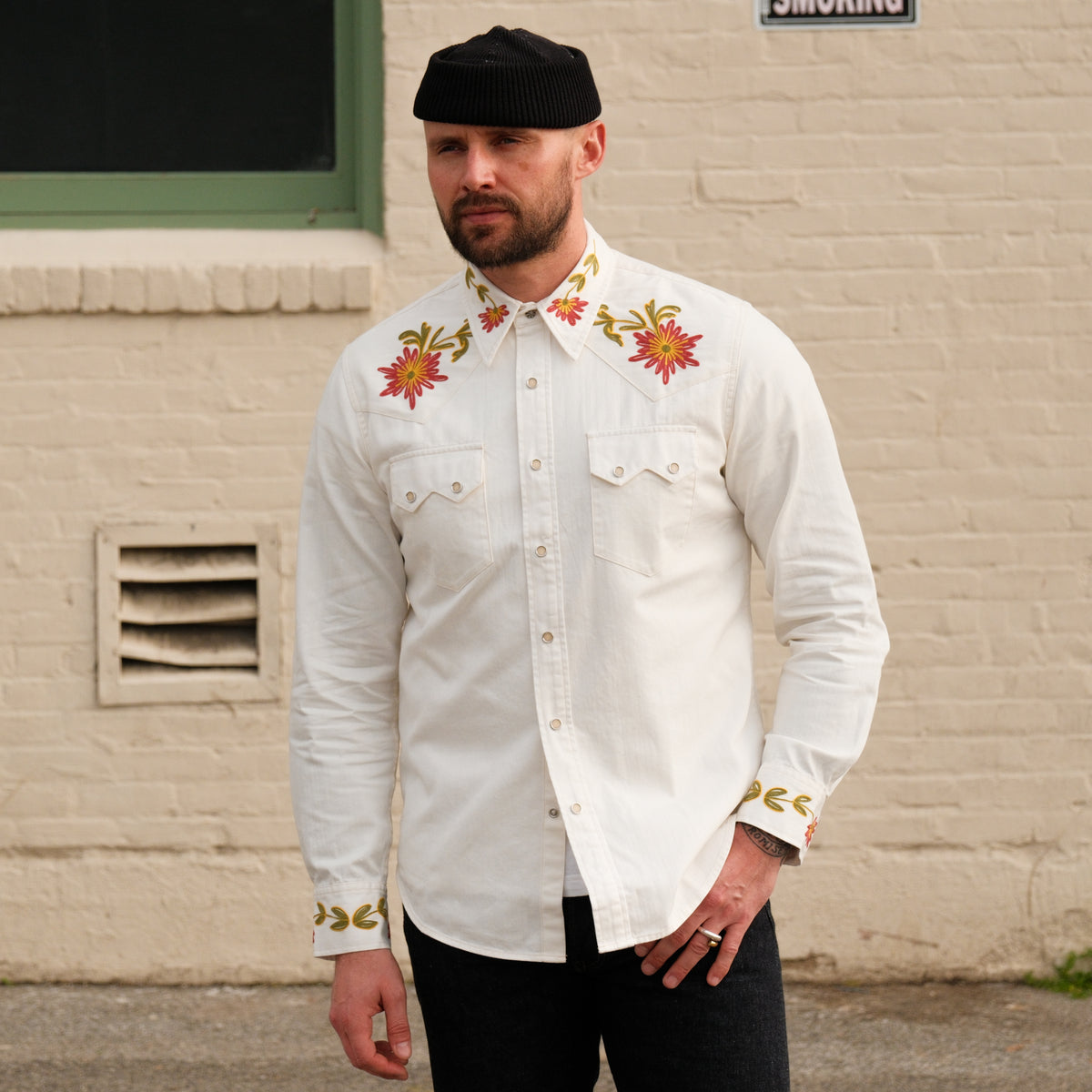 RRL Slim Fit Embroidered Denim Western Shirt White