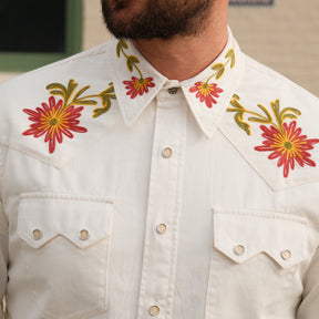 RRL Slim Fit Embroidered Denim Western Shirt White