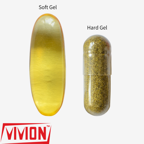 Graphic showing one piece soft gel capsule in comparison to a two piece hard gel capsule