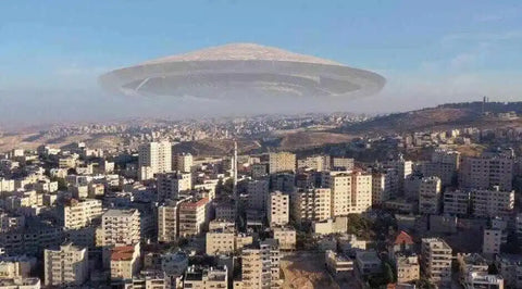 A flying saucer hovers over a cityscape