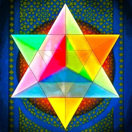 A colorful, artistic representation of the Sacred Geometry Merkaba star