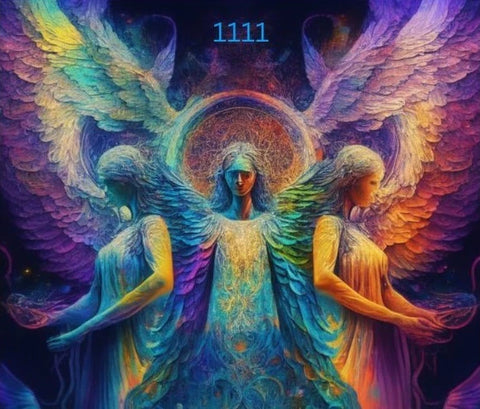 Three colorful angels with Angel number 1111 overhead