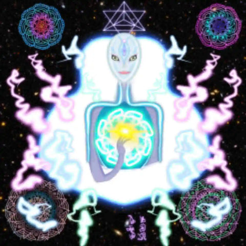 An alien appears surrounded by sacred geometry symbols