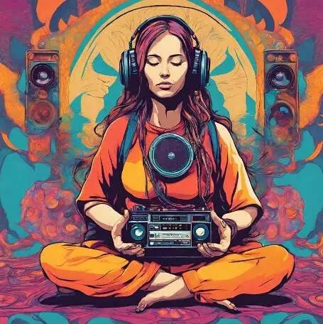 Woman meditates while listening to 528 Hz on a boombox