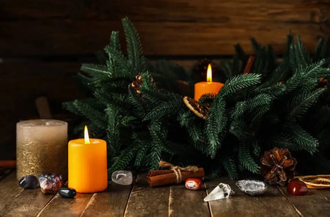 Yuletide altar with lit candles
