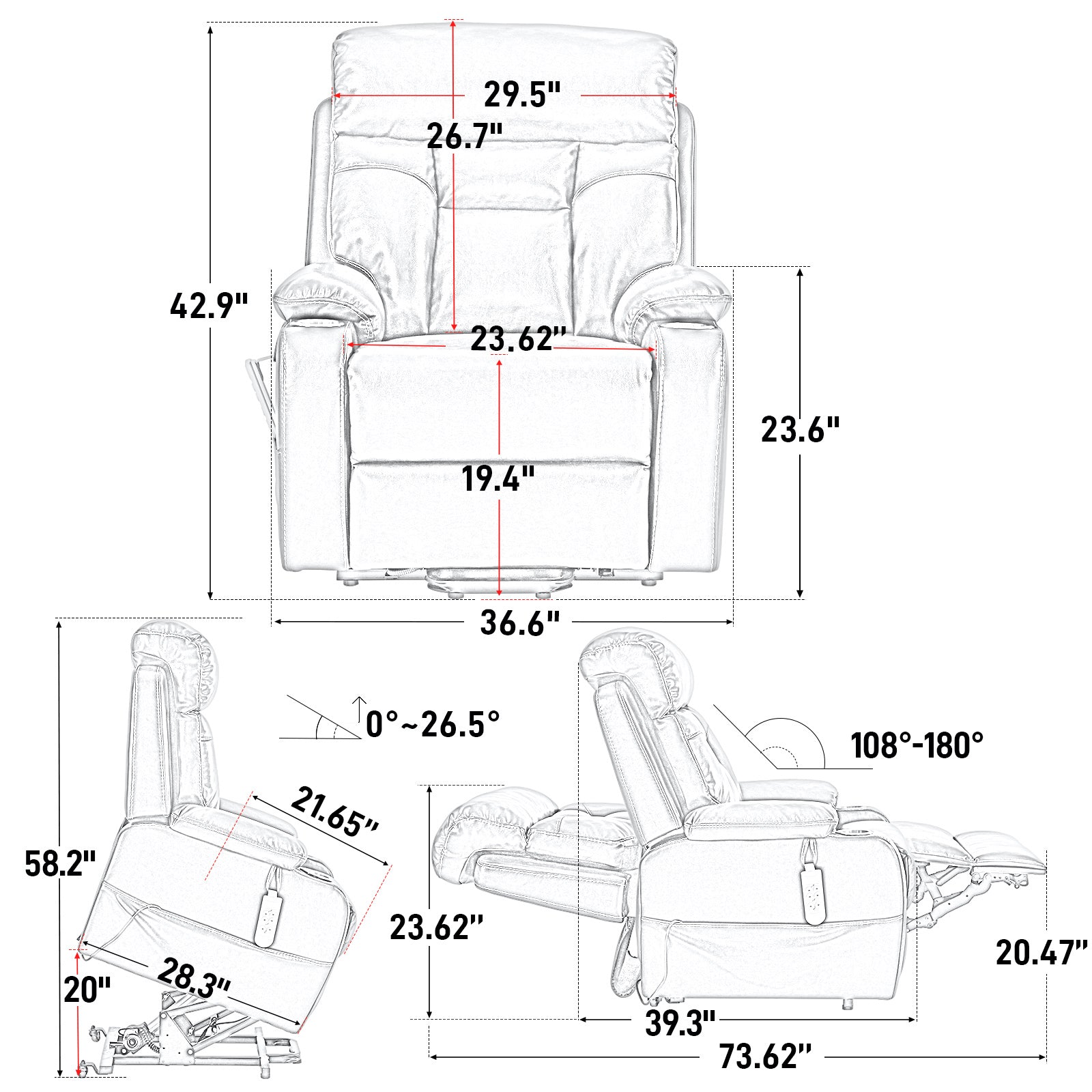 9181 Black Recliner with Power Lumbar Support(Lay Flat)