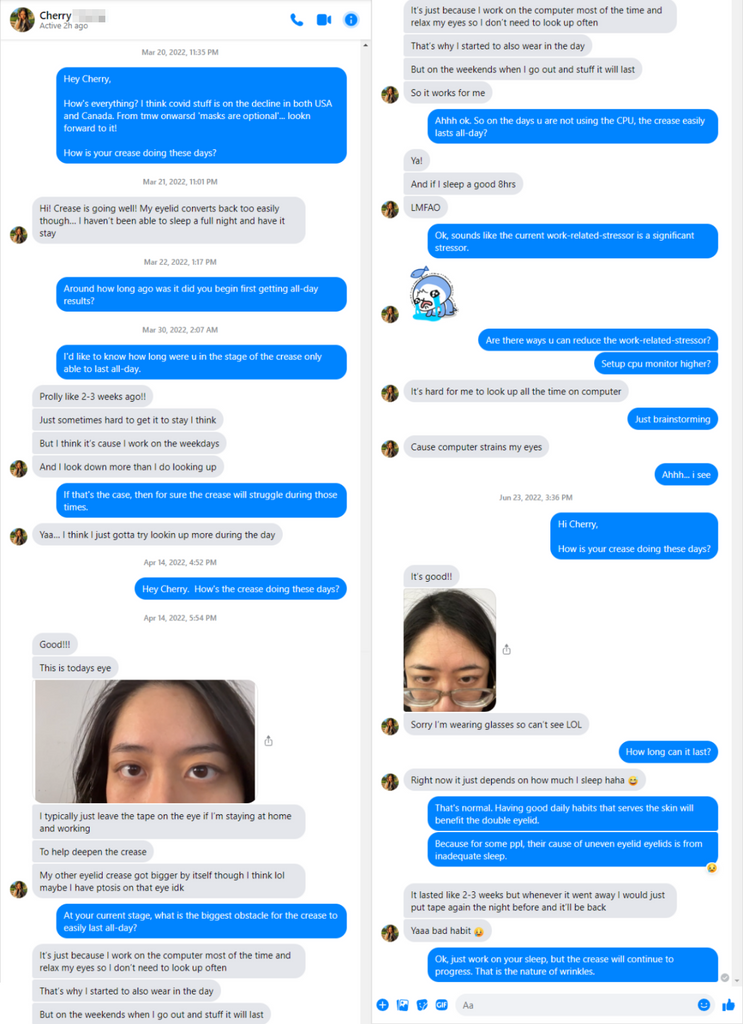 Cherry's conversation with Ray on Facebook. Her double eyelids have lasted 2-3 weeks without using Optifold