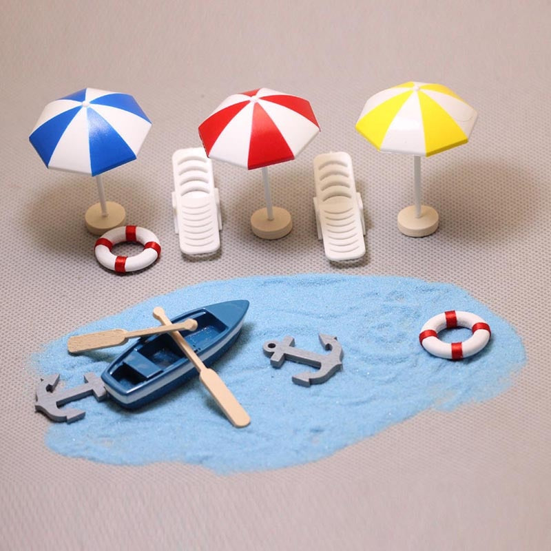 Summer Beach Landscape Seascape Ornaments Boat Starfish Sun Umbrella Lifebuoy Chair Model Miniature DIY Terrarium Decoration