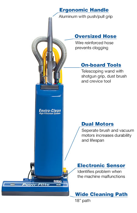 Powr-Flite The 18" Dual Motor Upright Vacuum offers true professional performance for the most demanding vacuum needs. These vacuums have an enclosed bag filtration system that does not allow dust to escape. The optional HEPA filter improves Indoor Air Quality (IAQ)