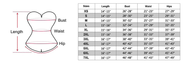 size chart of the black lace corset top
