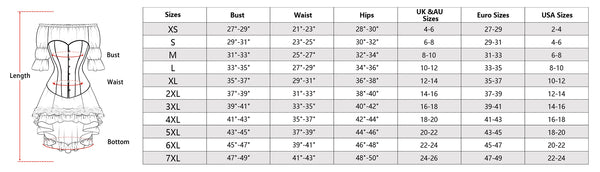 size chart of the Corset Prom Dress Suit