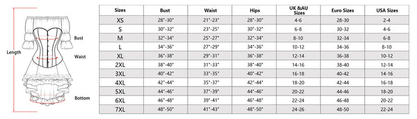 size chart of the Black Corset Dress Suit