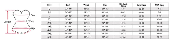 size chart of the White Bridal Corset Top