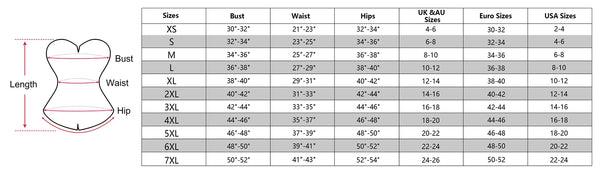 size chart of the Women's Overbust Corsets