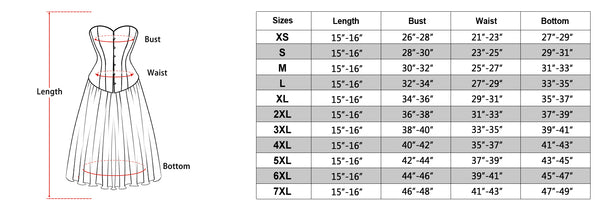 size chart of the corset prom dress